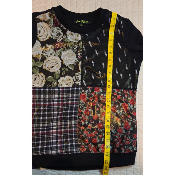 Sam Edelman XS Black Floral Patchwork Plaid Sweatshirt Women’s Sweater Top Cozy - Picture 4 of 8